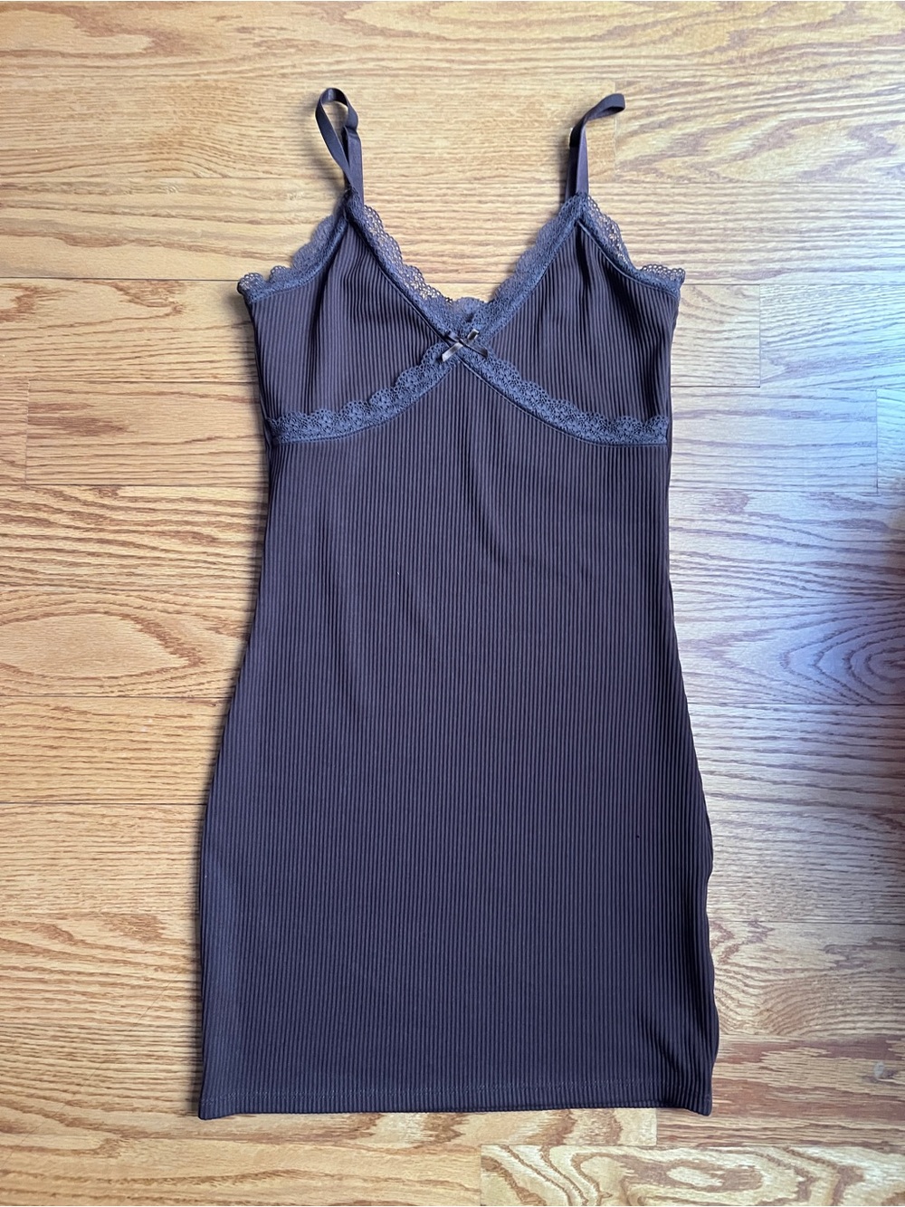 H&M Brown Ribbed Lace-Trim Slip Dress